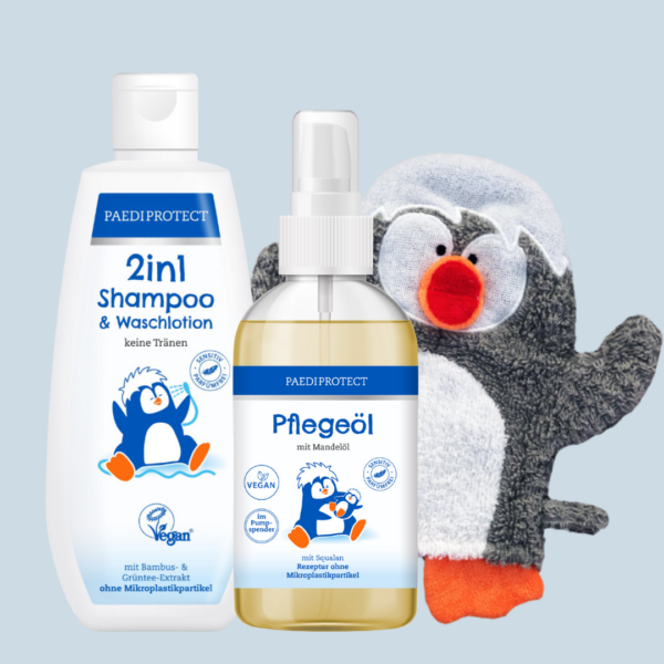 PAEDIPROTECT 2in1 Shampoo & Waschlotion, Pflegeöl und Pauli Waschlappen