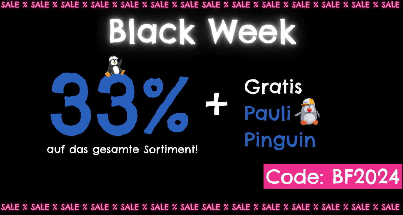 a black sign with blue text and penguins detailing PAEDIPROTECT's Black Week promotion